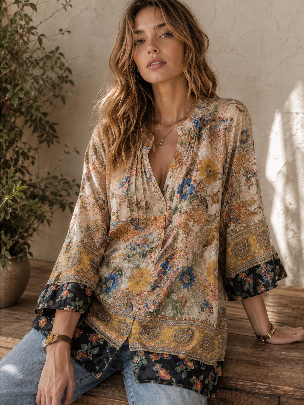 Fig and Flower Anthropologie Floral White Whimsy Button Down  Tunic Blouse  1X
